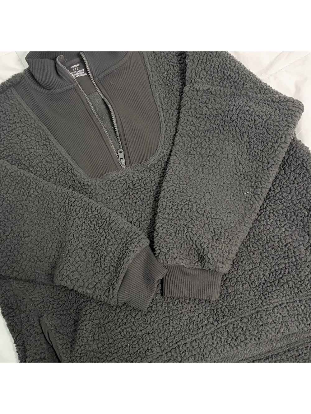 large Aerie Dream Sherpa Quarter Zip Sweatshirt in a dark gray fuzzy texture